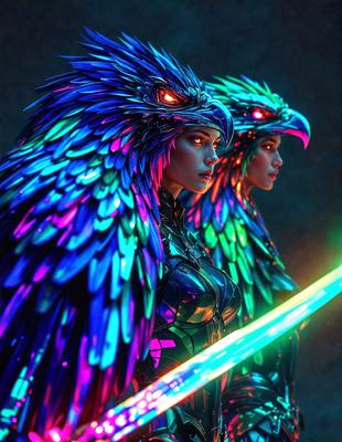 The primary subject of the image is a woman wearing a colorful, feathered costume. She is holding a green sword, and her outfit appears to be a mix of a bird and a warrior. The setting is a dark room, and the visual style is a combination of digital art and illustration. The colors and mood of the image are vibrant and dramatic, with the woman's costume and the green sword creating a sense of excitement and adventure.